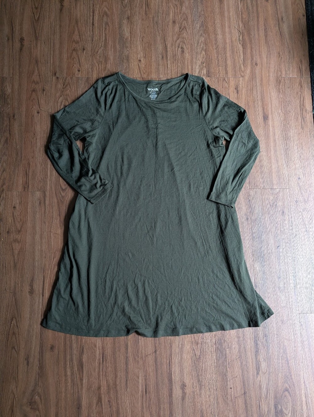Wool& Women’s Olive Green Long Sleeve Merino Wool A-Line Dress Sz XL